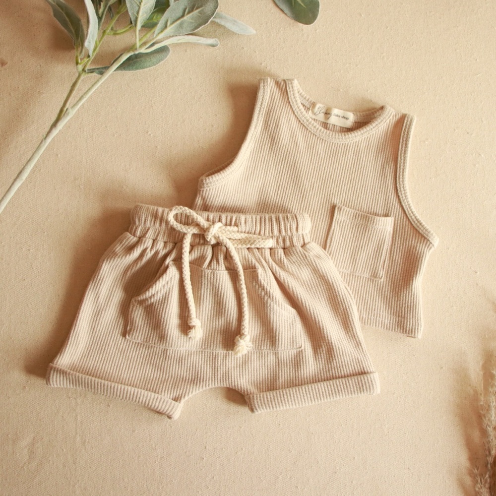 Waffle Knit Pocket Tank Top Set Cream Baby Toddler